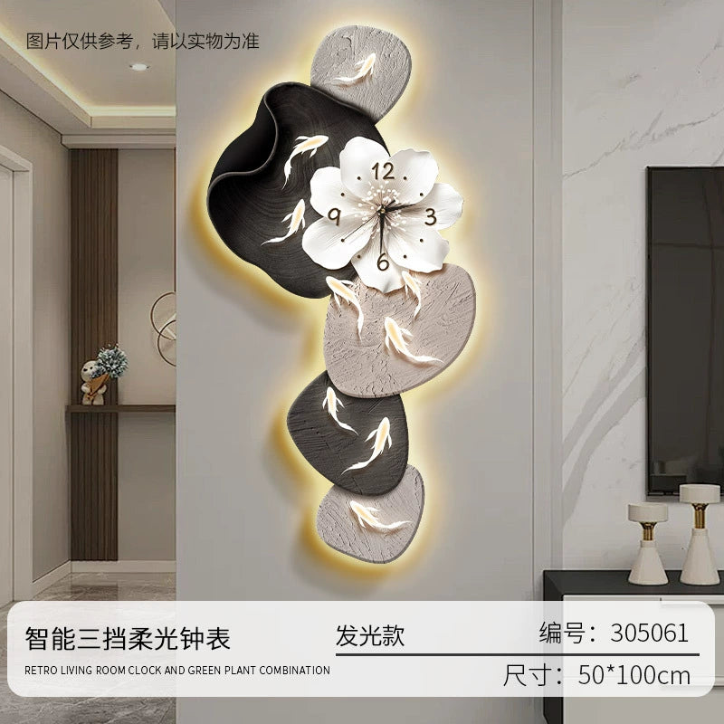 Modern Minimalist Nine Fish Painting Living Room Clock Creative Silent Wall Clock Hole-Free Mounting for TV Feature Wall