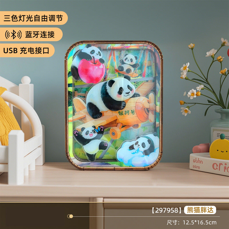 Cartoon Panda Wooden Carved Lamp Painting - 3D Night Light with Bluetooth Speaker &amp; Touch Control