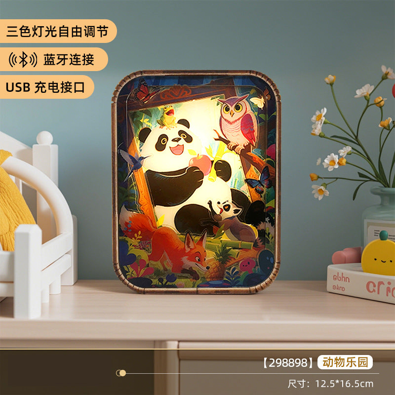 Cartoon Panda Wooden Carved Lamp Painting - 3D Night Light with Bluetooth Speaker &amp; Touch Control