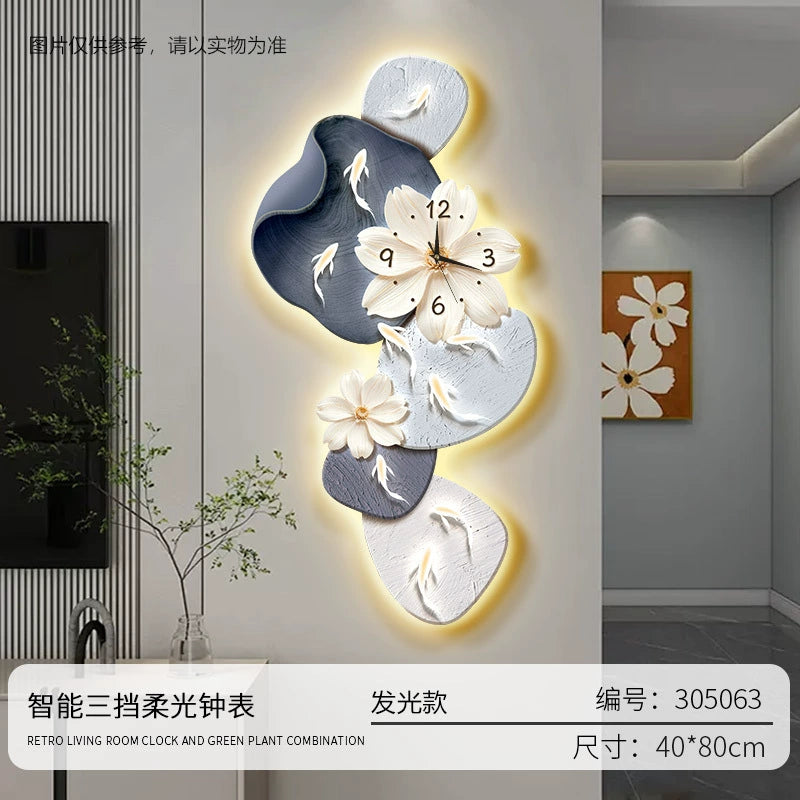 Modern Minimalist Nine Fish Painting Living Room Clock Creative Silent Wall Clock Hole-Free Mounting for TV Feature Wall