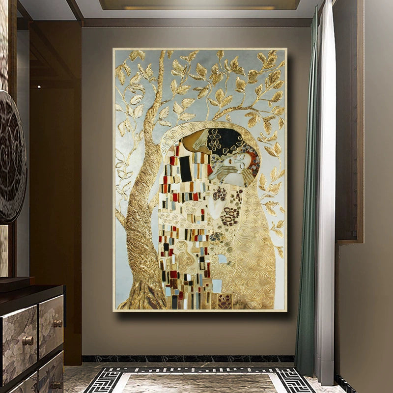 Original Design “The Kiss” Textured Gold-Embossed Decorative Artwork Export-Grade Abstract Art for Europe and America Entrance Hall Hanging Panel Hotel Mural