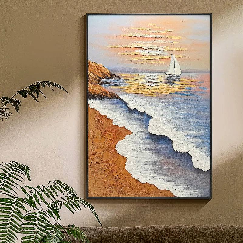 Modern Minimalist Entrance Hall Seascape Decorative Painting Hand-Painted with Added Brushstrokes Three-Dimensional Oil Painting Corridor Textured Wall Hanging