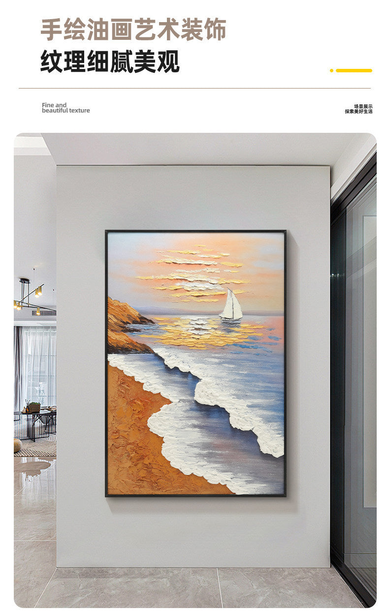 Modern Minimalist Entrance Hall Seascape Decorative Painting Hand-Painted with Added Brushstrokes Three-Dimensional Oil Painting Corridor Textured Wall Hanging