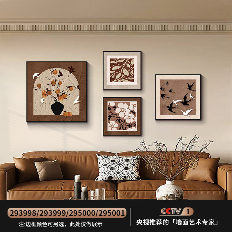 Medieval-style living room sofa background wall decorative painting2025New combination mural with a high-end feel, floral four-panel hanging painting