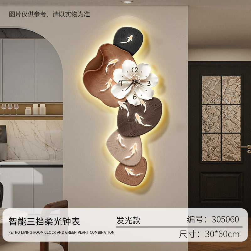 Modern Minimalist Nine Fish Painting Living Room Clock Creative Silent Wall Clock Hole-Free Mounting for TV Feature Wall