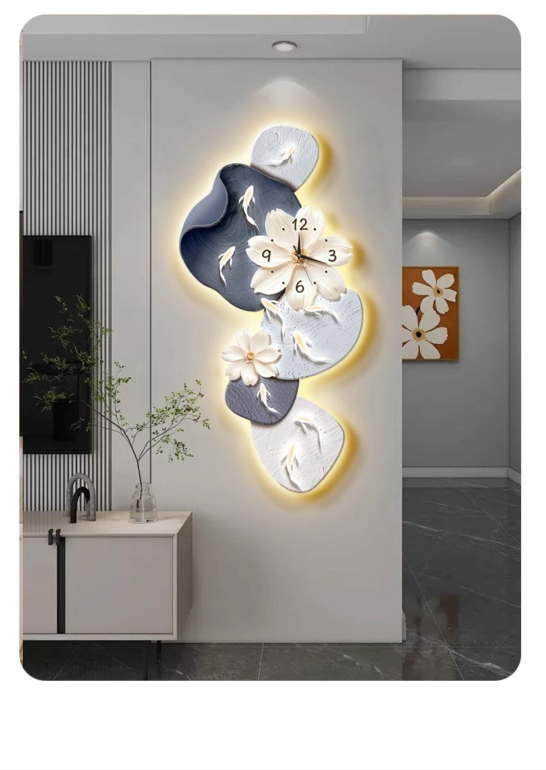 Modern Minimalist Nine Fish Painting Living Room Clock Creative Silent Wall Clock Hole-Free Mounting for TV Feature Wall
