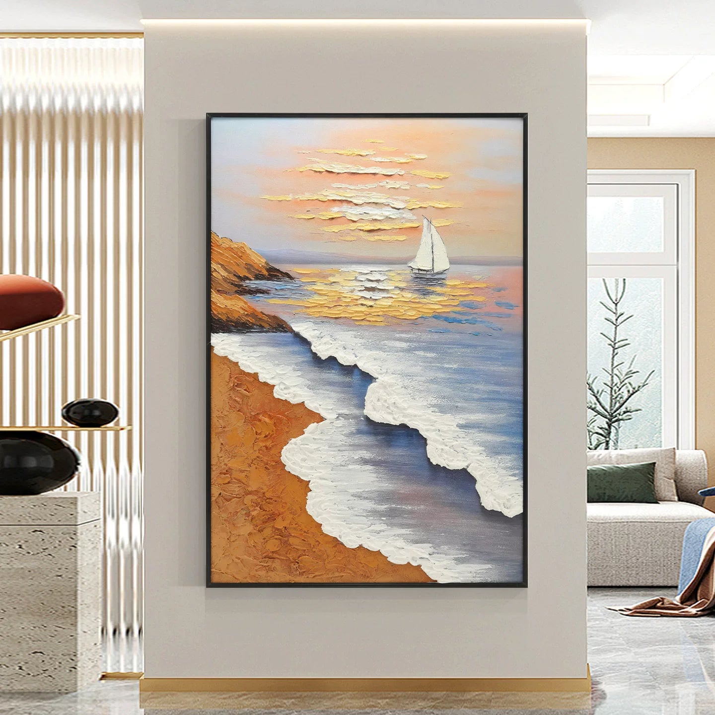 Modern Minimalist Entrance Hall Seascape Decorative Painting Hand-Painted with Added Brushstrokes Three-Dimensional Oil Painting Corridor Textured Wall Hanging