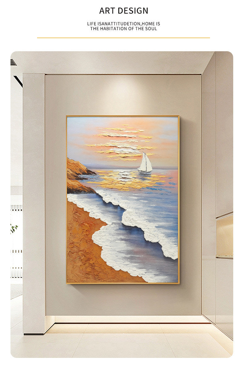 Modern Minimalist Entrance Hall Seascape Decorative Painting Hand-Painted with Added Brushstrokes Three-Dimensional Oil Painting Corridor Textured Wall Hanging