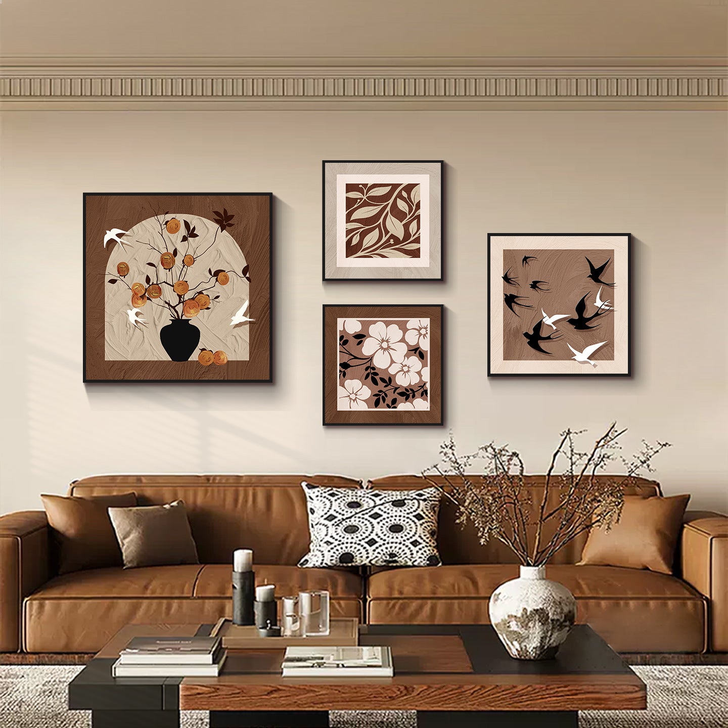 Medieval-style living room sofa background wall decorative painting2025New combination mural with a high-end feel, floral four-panel hanging painting