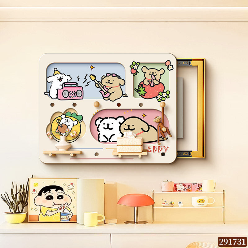 Cartoon puppy perforated board decorative painting for electric meter box, dopamine-style power box cover, storage rack, and decorative hanging painting