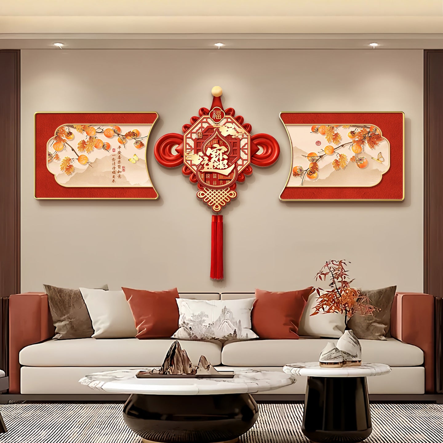 Chinese knot with tassels living room decorative painting, new Chinese style festive New Year sofa background wall hanging painting, light luxury wall art