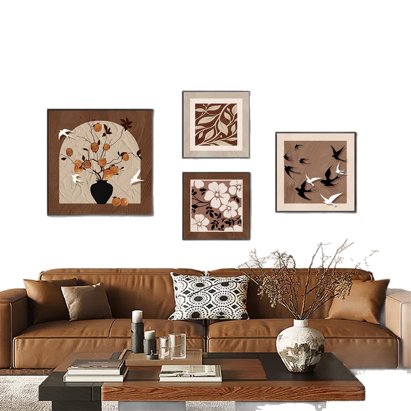 Medieval-style living room sofa background wall decorative painting2025New combination mural with a high-end feel, floral four-panel hanging painting