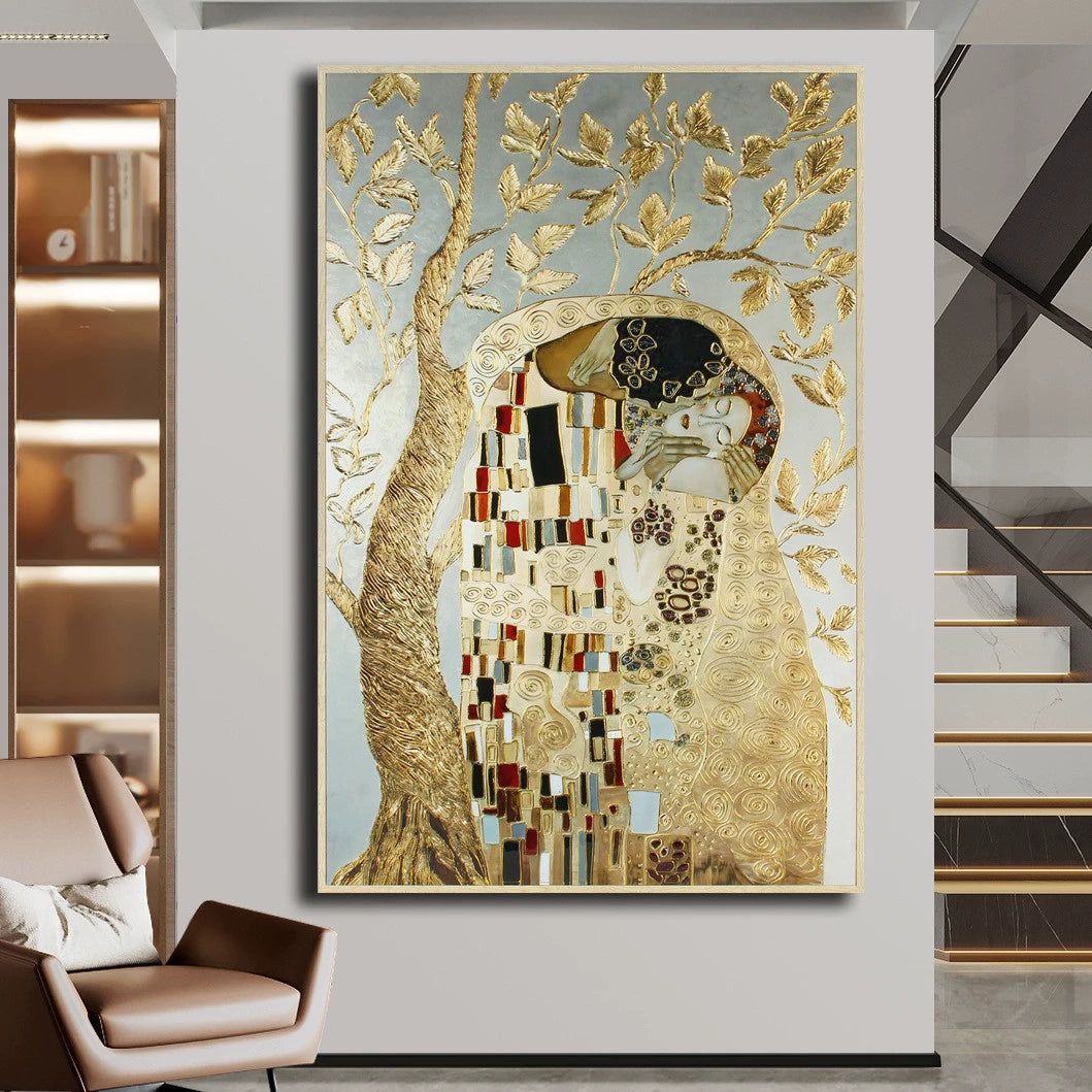 Original Design “The Kiss” Textured Gold-Embossed Decorative Artwork Export-Grade Abstract Art for Europe and America Entrance Hall Hanging Panel Hotel Mural
