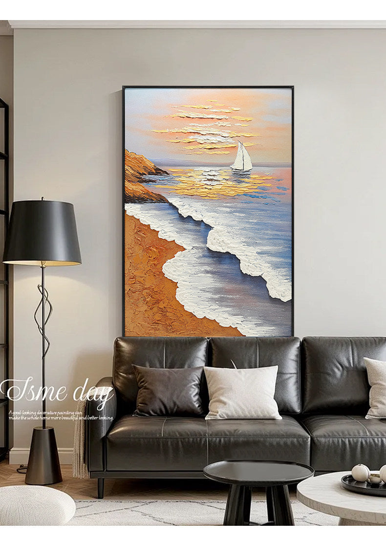 Modern Minimalist Entrance Hall Seascape Decorative Painting Hand-Painted with Added Brushstrokes Three-Dimensional Oil Painting Corridor Textured Wall Hanging