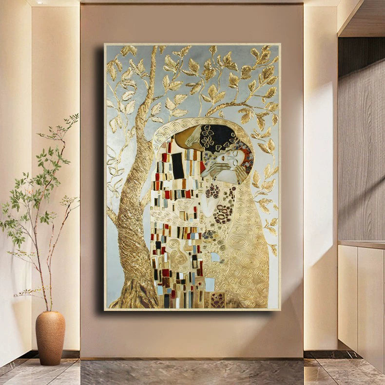 Original Design “The Kiss” Textured Gold-Embossed Decorative Artwork Export-Grade Abstract Art for Europe and America Entrance Hall Hanging Panel Hotel Mural