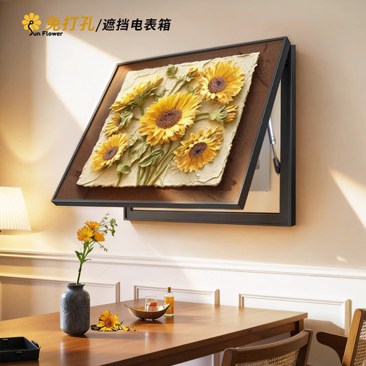 Sunflower electric meter box decorative painting, vintage-style power distribution box wall art, no-drill required, to cover electric switches and boxes
