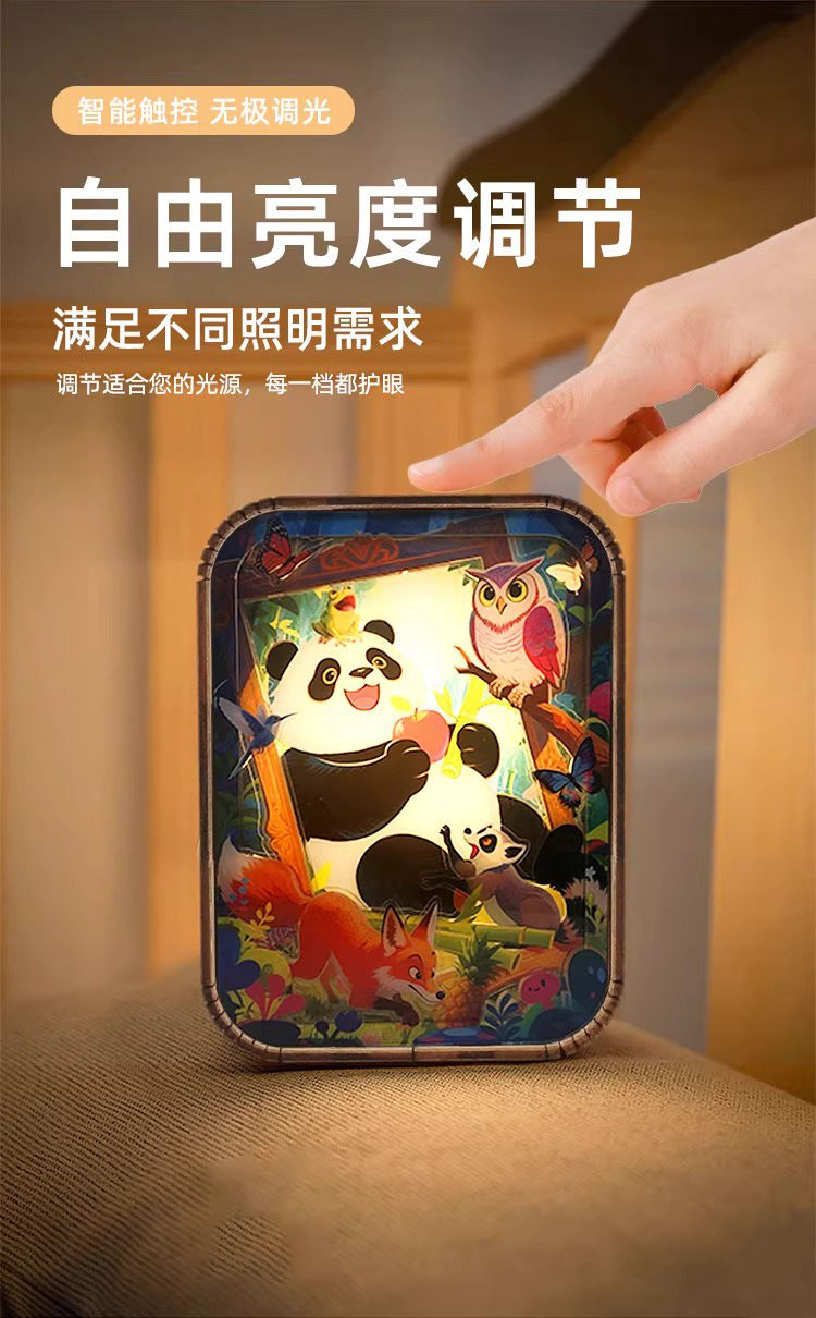 Cartoon Panda Wooden Carved Lamp Painting - 3D Night Light with Bluetooth Speaker &amp; Touch Control