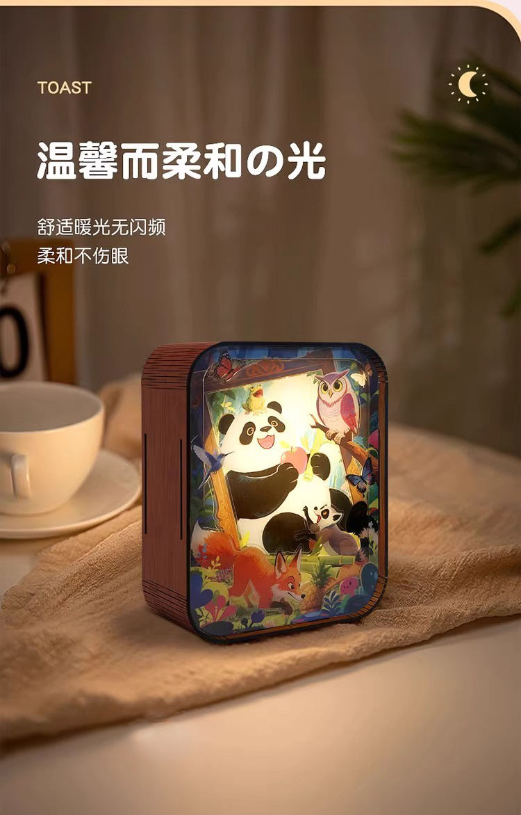 Cartoon Panda Wooden Carved Lamp Painting - 3D Night Light with Bluetooth Speaker &amp; Touch Control