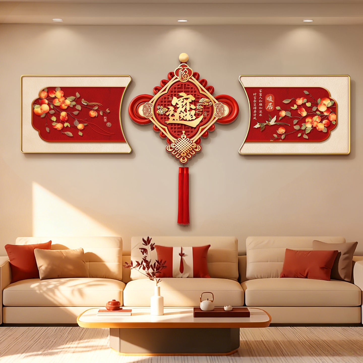 Chinese knot with tassels living room decorative painting, new Chinese style festive New Year sofa background wall hanging painting, light luxury wall art