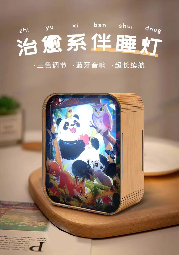 Cartoon Panda Wooden Carved Lamp Painting - 3D Night Light with Bluetooth Speaker &amp; Touch Control