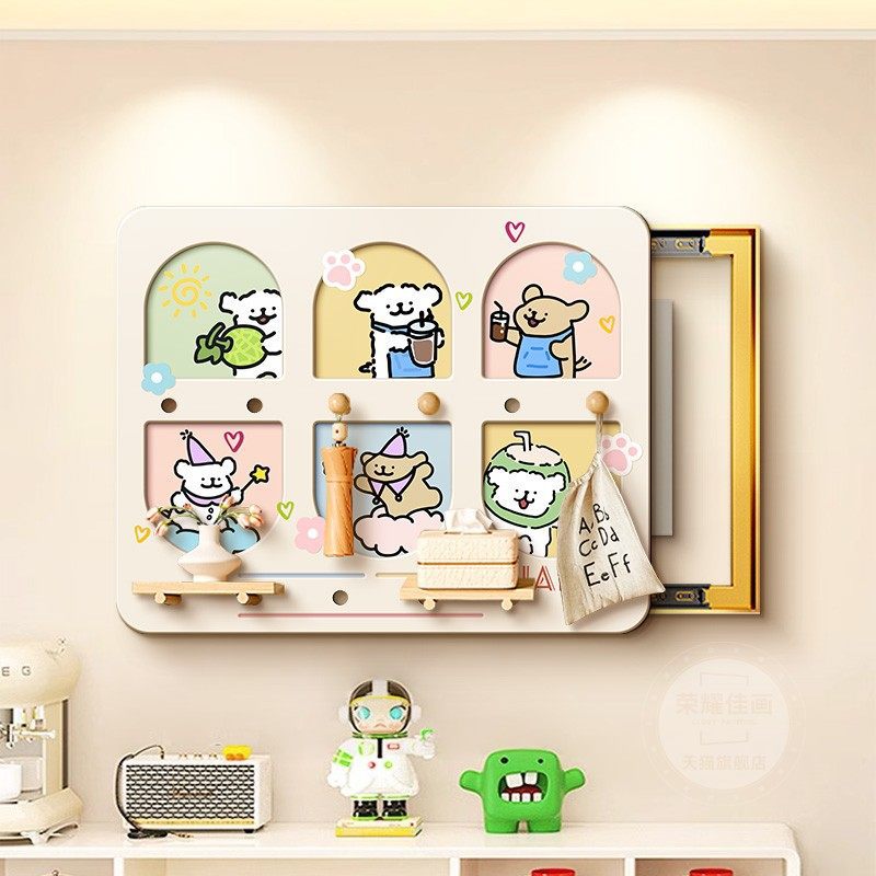 Cartoon puppy perforated board decorative painting for electric meter box, dopamine-style power box cover, storage rack, and decorative hanging painting