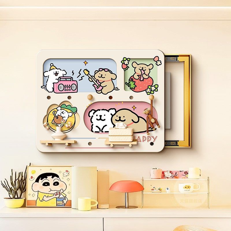 Cartoon puppy perforated board decorative painting for electric meter box, dopamine-style power box cover, storage rack, and decorative hanging painting